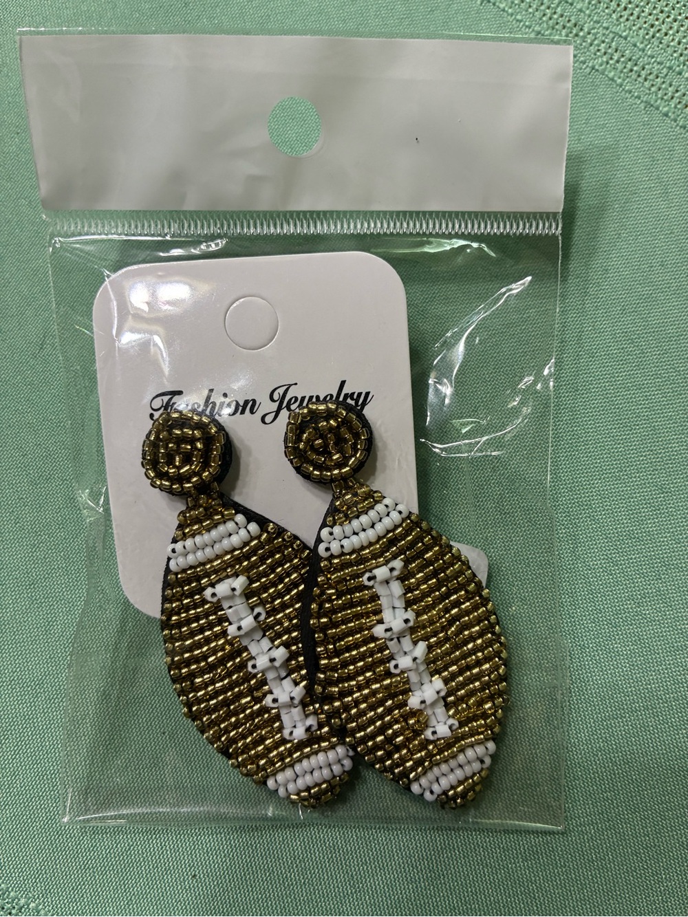 Fashion Jewelry Gold and White Beaded Football Drop Earrings